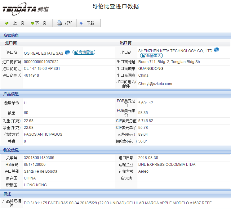 海关数据,进出口数据,进口数据,K8凯发(中国),贸易,哥伦比亚